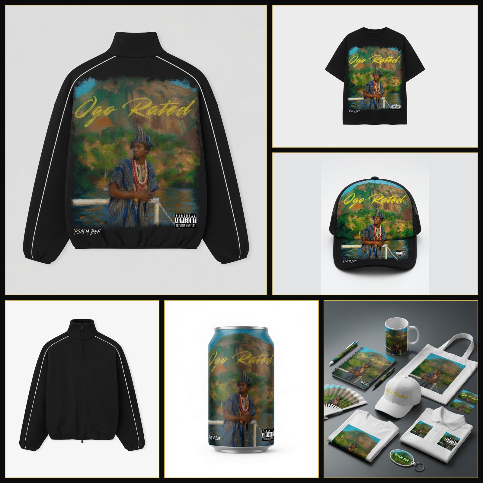 OGO RATED merchandise collage — black track jacket, tee, trucker cap, drink can and a spread of tote, mug and notebook, all printed with the Psalm Bee album artwork